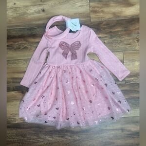 Pink & Violet little girls pink dress long sleeve mesh bow print cute balletcore